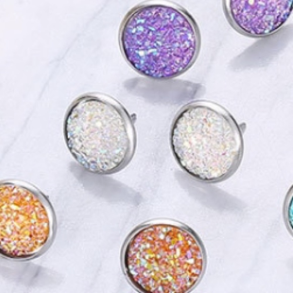 White Druzy Round Stud Earrings